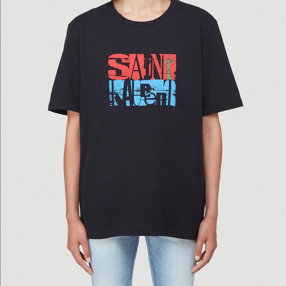Saint Laurent Black Tee with Red and Blue Logo